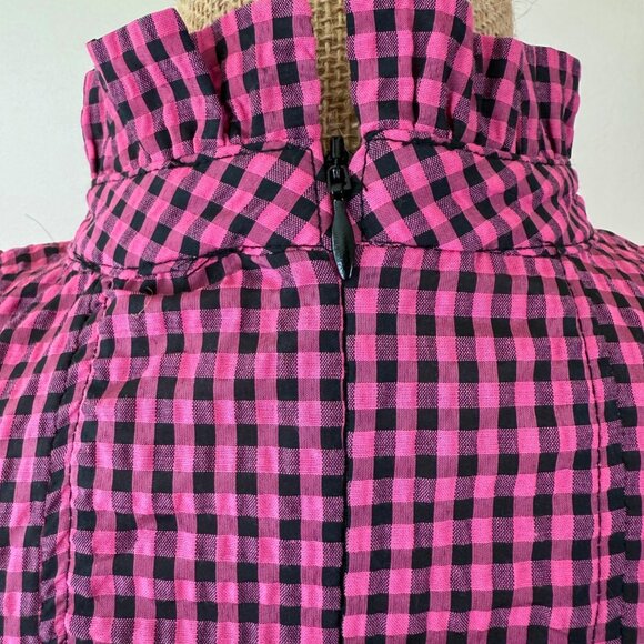 Ganni Pink & Black Gingham Ruffle Blouse NWT Size 38 - Picture 5 of 11